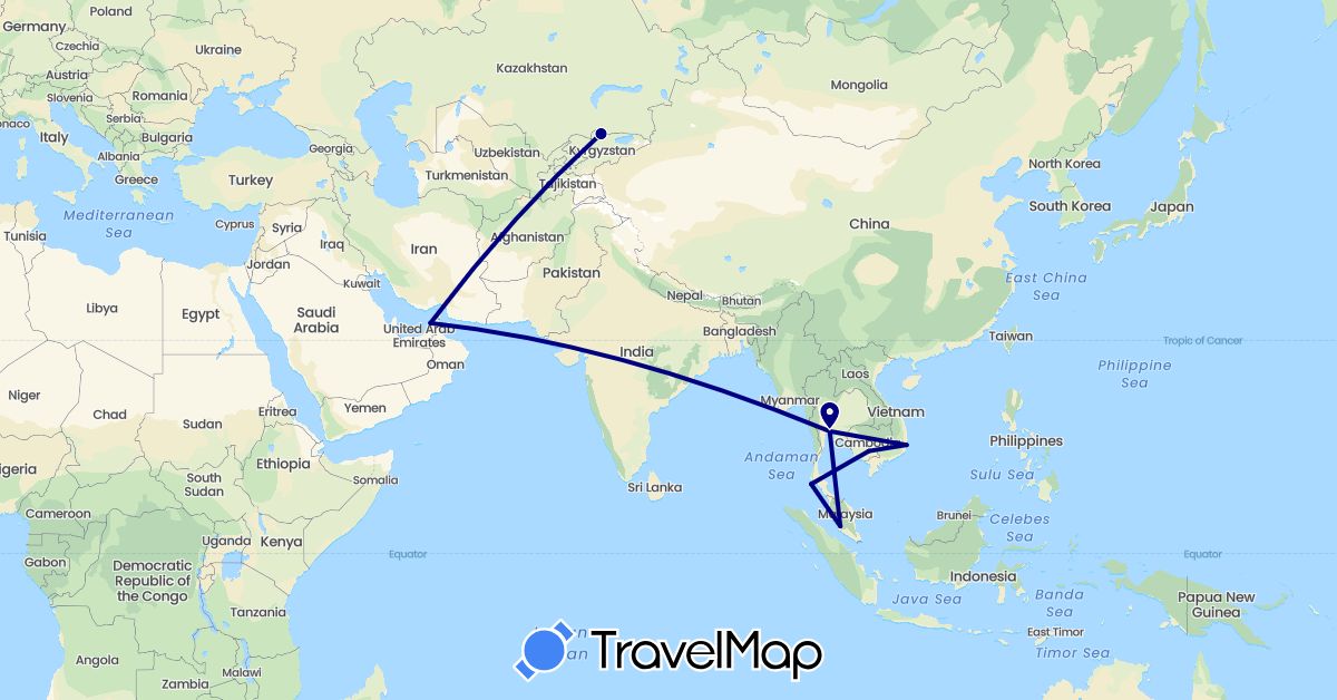 TravelMap itinerary: driving in United Arab Emirates, Kyrgyzstan, Cambodia, Malaysia, Thailand, Vietnam (Asia)